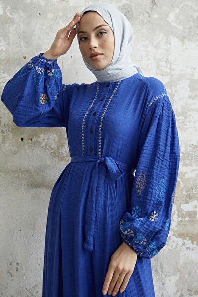 InStyle Seersucker Dress with Embroidered Sleeves - Saks Blue