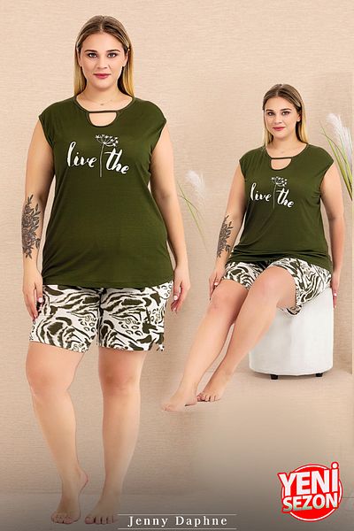 Jenny Daphne Set de pijamale pentru damă, cu model de mărime mare, verde, fără mâneci, cu imprimeu de frânghie, pantaloni scurți 10424