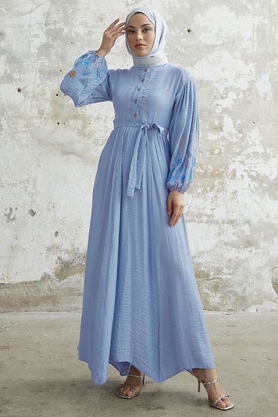 InStyle Seersucker Embroidered Sleeve Dress - Baby Blue