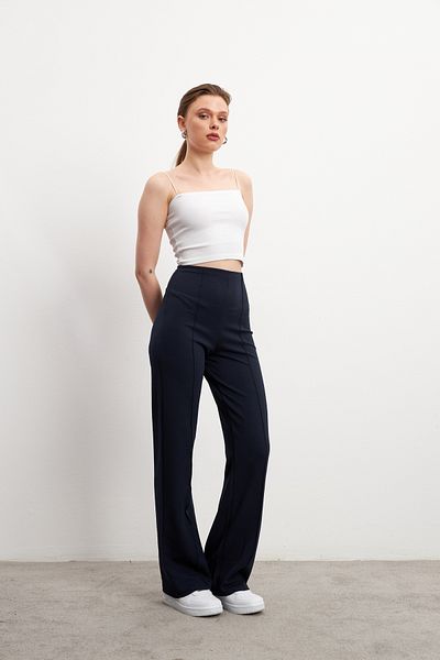 Bipantolon Women's Navy Blue High Waist Ribbed Stitched Stretch Trousers