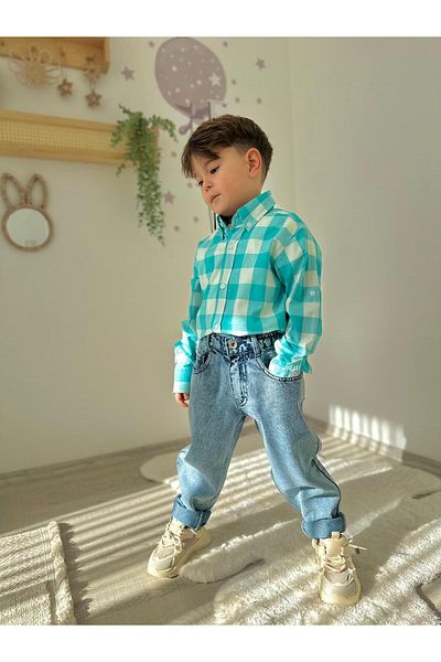 KİDSPİTİRCİK Boy's Blue Checked Shirt and Trousers Suit