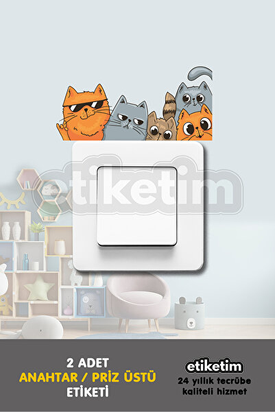 ETİKETİM Priz Üstü Etiket Meraklı Kediler Sticker 2'li Paket