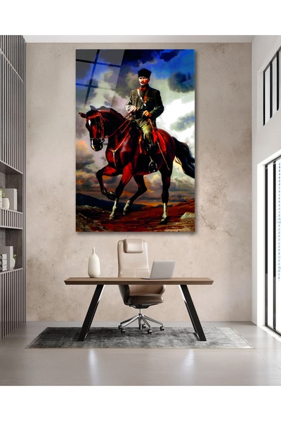 BestSanat At Üstünde Atatürk Renklendirilmiş Cam Tablo