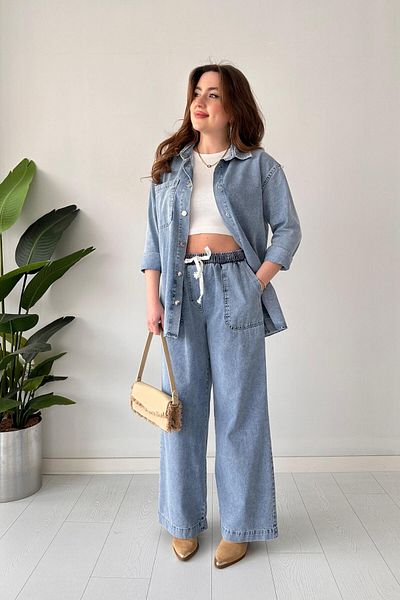 MaziButik Blue Wide Leg Denim Set