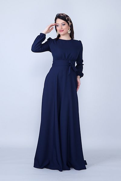 NO48 Navy Blue Crew Neck Long Sleeve Woven Fabric Waist Drawstring Belted Maxi Length Evening Dress with Pockets