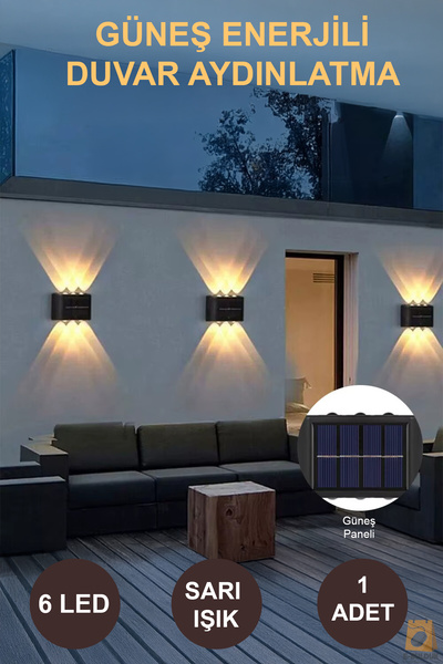 ebulduk Güneş Solar Enerjili Aplik Işık-1 Adet 6 Ledli Sarı Günışığı- Dekorat...
