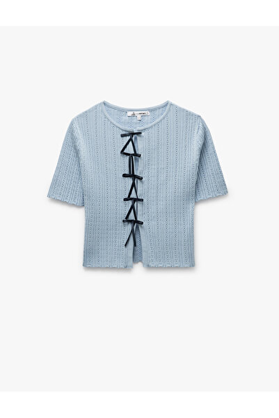 Koton Viskon Bisiklet Yaka Kısa Kollu Fiyonklu Triko Hırka