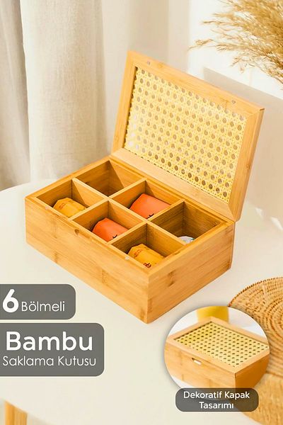 Woodcept صندوق منظم لتخزين الشاي من الخيزران مع 6 مقصورات، صندوق منظم للمجوهرات من الخيزران