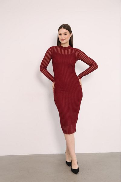HARMONY GLOBAL Rochie lungă creion cu căptușeală interioară cu model din tul răsucit burgundă 10.241