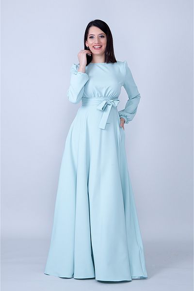 NO48 Mint Crew Neck Long Sleeve Woven Fabric Waist Drawstring Belted Pocket Maxi Length Invitation & Evening Dress