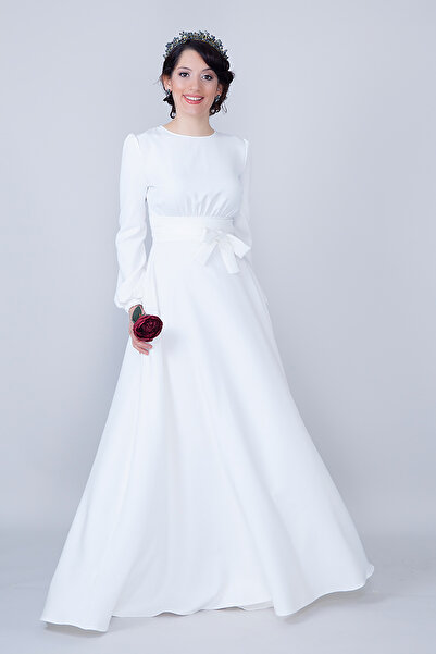NO48 White Crew Neck Long Sleeve Woven Fabric Waist Shirred Belted Maxi Length Invitation & Evening Dress with Pockets