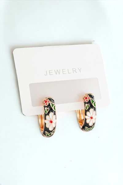 ARTEMİSİA Women's Vip Series Antiallergic Tarnish-Free Flower Motif Enameled Black Earrings 2.5 cm