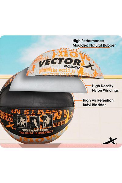 Vector X Power Basketball | Black & Orange | Size 7 | Rubber | Excellent Grip & Durability | Men & Boys