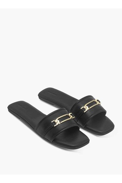 Flora Bella by Shoexpress Flora Bella Solid Slip-On Flat Sandals with Metal Accent