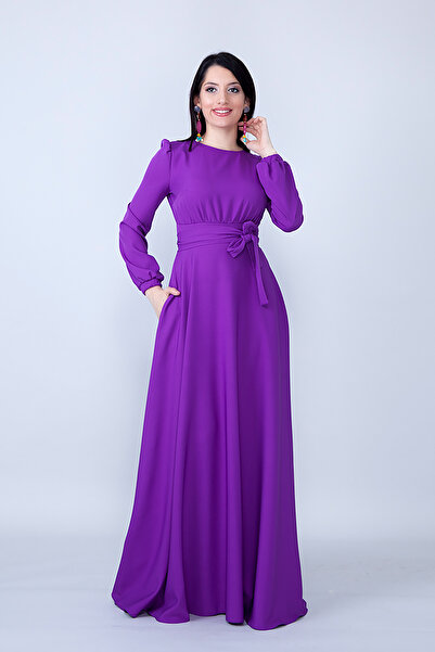 NO48 Μωβ λαιμόκοψη μακρυμάνικο υφαντό ύφασμα με κορδόνι στη μέση και τσέπες με ζώνη Maxi Boy Προσκλητήριο & βραδινό φόρεμα