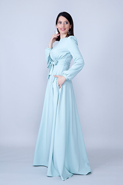 NO48 Mint Bisiklet Yaka Uzun Kol Dokuma Kumaş Beli Büzgülü Kuşaklı Cepli Maxi Boy Davet & Abiye Elbise