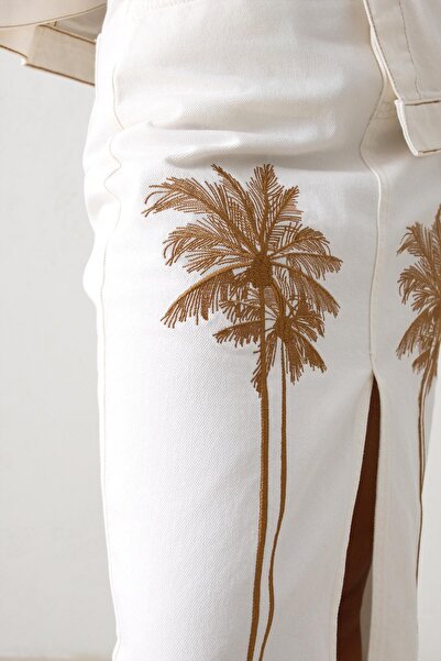 Setre Ecru Split Detailed Patterned Midi Length Denim Skirt