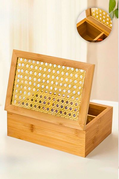 Woodcept صندوق منظم لتخزين الشاي من الخيزران مع 6 مقصورات، صندوق منظم للمجوهرات من الخيزران