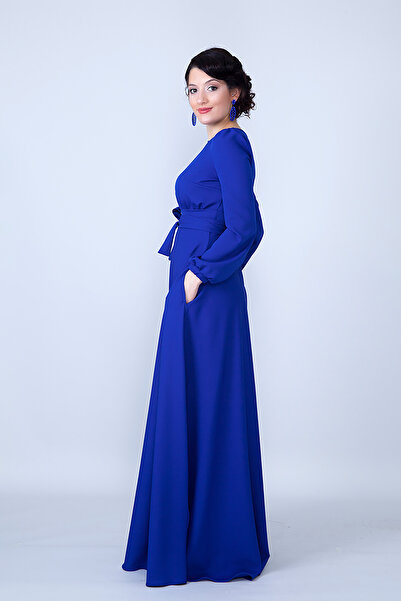 NO48 Sax Bisiklet Yaka Uzun Kol Dokuma Kumaş Beli Büzgülü Kuşaklı Cepli Maxi Boy Davet & Abiye Elbise