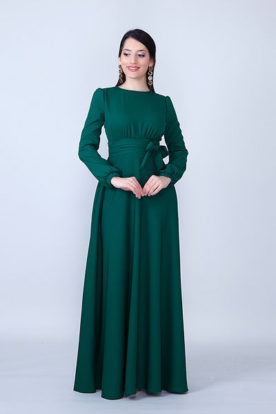 NO48 Emerald Crew Neck μακρυμάνικο φόρεμα καλεσμένων & βραδινό φόρεμα με τσέπες μάξι μήκους