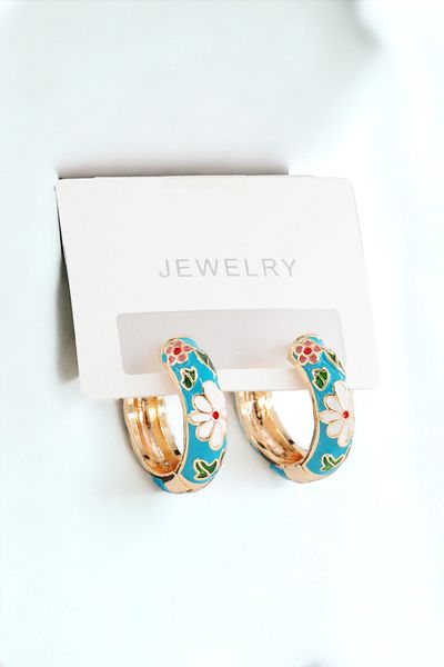 ARTEMİSİA Women's Vip Series Antiallergic Tarnish-Free Flower Motif Enameled Blue Earrings 2.5 cm