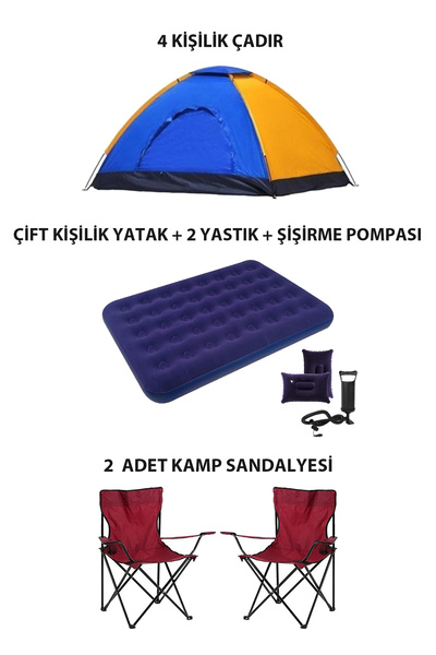 Onetick 4 Kişilik Lüks Kamp Seti Çadır 2 Sandalye Yatak ve Yastık