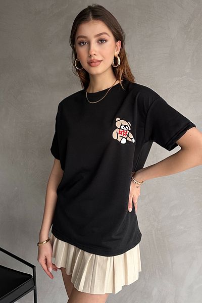 Rabi Shine Tricou negru pentru femei, cu decolteu rotund, brodat OVRIS EZe