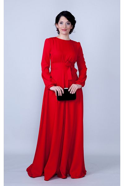 NO48 Red Crew Neck Long Sleeve Woven Fabric Waist Drawstring Belted Maxi Length Invitation & Evening Dress with Pockets
