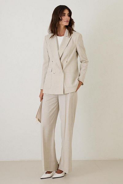 Setre Beige Asymmetrical Closure Button Detail Jacket with Waist Detail Comfortable Fit Pants Suit