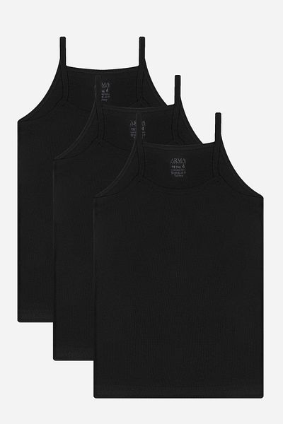 Arma Yıldız Girl's Rope Strap Undershirt Black 3-Piece 100% Cotton Rib Soft and Flexible Fabric
