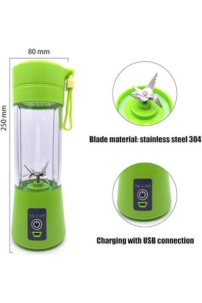 AKDC Personal USB Juicer Cup Portable Blender 380ml Rechargeable Fruit Mixer 3D Six Blades (Green)