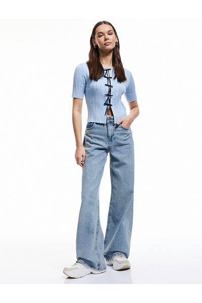 Koton Viscose Crew Neck Short Sleeve Bow Knitwear Cardigan