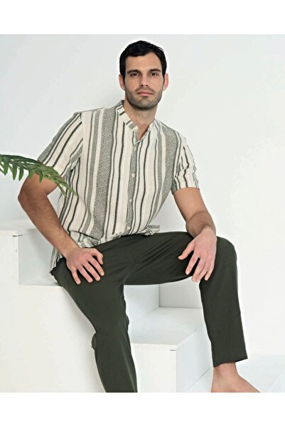 İpek Men's Short Sleeve Front Button Linen Pajama Set