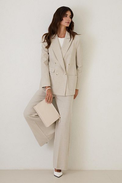 Setre Beige Asymmetrical Closure Button Detail Jacket with Waist Detail Comfortable Fit Pants Suit