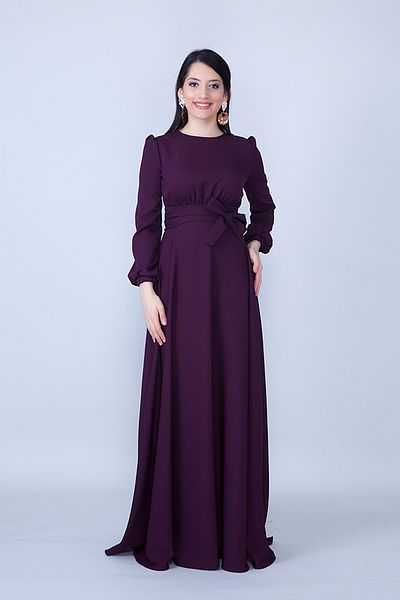 NO48 Plum Crew Neck Long Sleeve Belted Maxi Length Invitation & Evening Dress with Pockets
