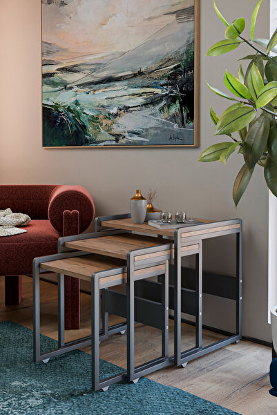 Wood House Lavisa 3'lü Zigon Sehpa (TEKERLİ) Çam-antrasit
