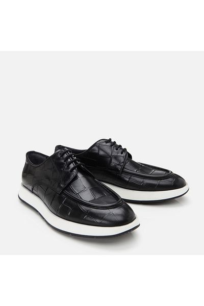 Hotiç Genuine Leather Black Men's Patterned Casual Shoes