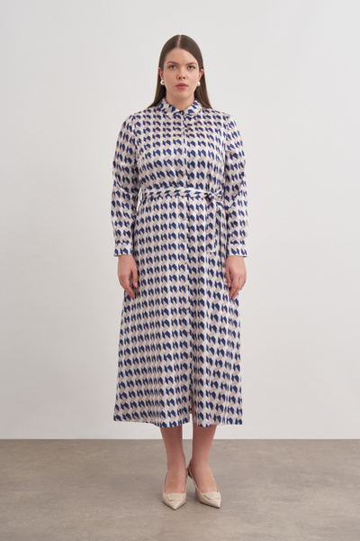 Aker Desenli Kemerli Gömlek Elbise