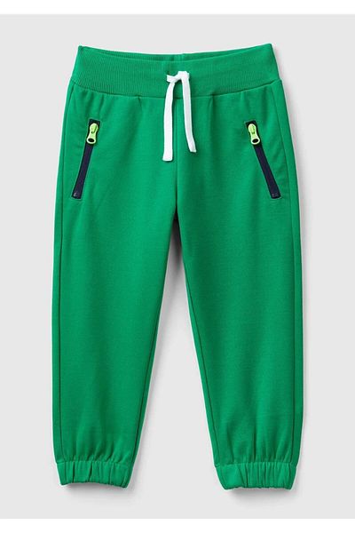 United Colors of Benetton Boy's Green Zippered Sweatpants - Elastic Waist, String Pocket