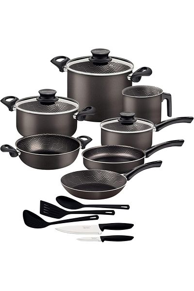 TRAMONTINA Since 1911, Paris 15 Pieces Lead-Colored Aluminum Cookware Set PFOA Free Nonstick Coating