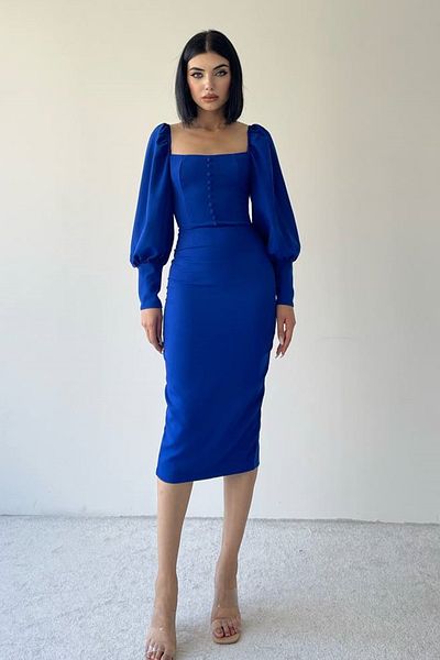 barış sülün lovebox Rochie midi albastră Saks pentru femei, cu guler pătrat, cu nasturi, 283