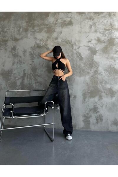 sion jeans Siyah Toka Detaylı Bol Kesim Geniş Paça Rahat Baggy Jean Kot Salaş...