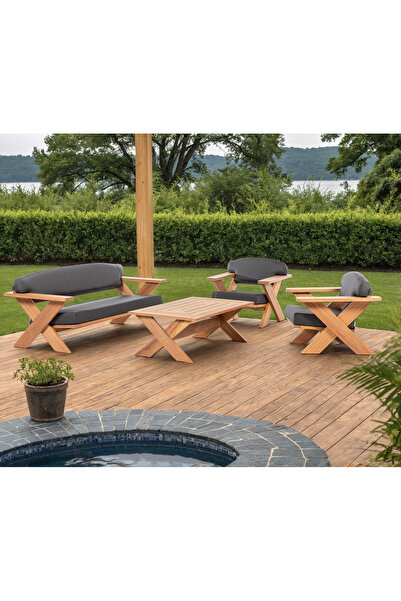 Root Art Cross Iroko Ahşap Bahçe - Balkon Oturma Grubu | 3.1.1 + Sehpa ( Antr...