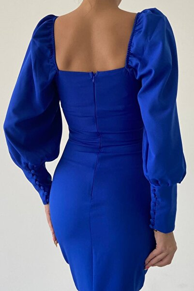 barış sülün lovebox Rochie midi albastră Saks pentru femei, cu guler pătrat, cu nasturi, 283