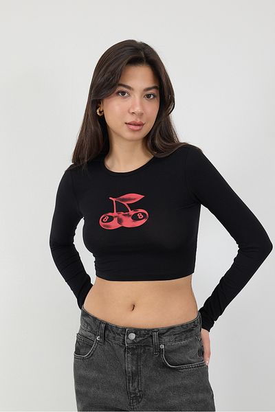 Addax Crew Neck Cherry Printed Crop Blouse B1648-N9