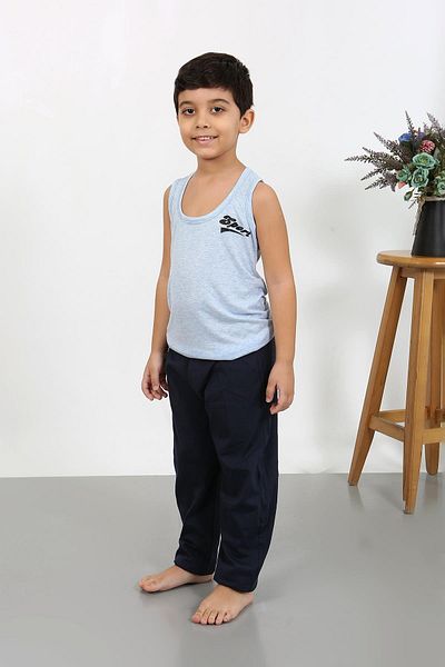Akbeniz Set pijama albastru din bumbac pieptănat cu mâneci zero pentru bărbați 20439