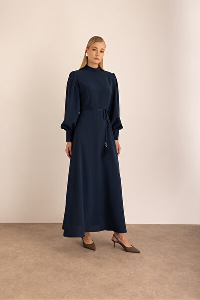 Aker Lacivert Bağcık Detaylı Dokuma Elbise