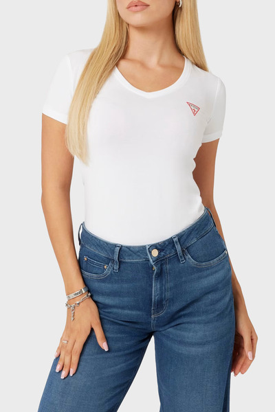 Guess Ss Vn Stretch βαμβακερό μπλουζάκι με λογότυπο εφαρμοστό με λαιμόκοψη σε σχήμα V W2YI45J1314 T SHİRT W2YI45 J1314 G011