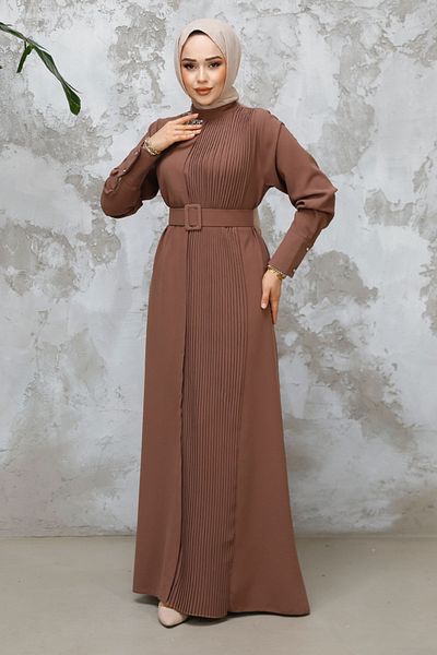 Neva Style Dark Mink Hijab Dress with Buckle Belt 65879Kv