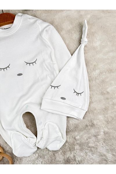 Minizade Sleeveless Cute Eyelash Embroidered Footed Cap 100% Cotton Unisex Jumpsuit